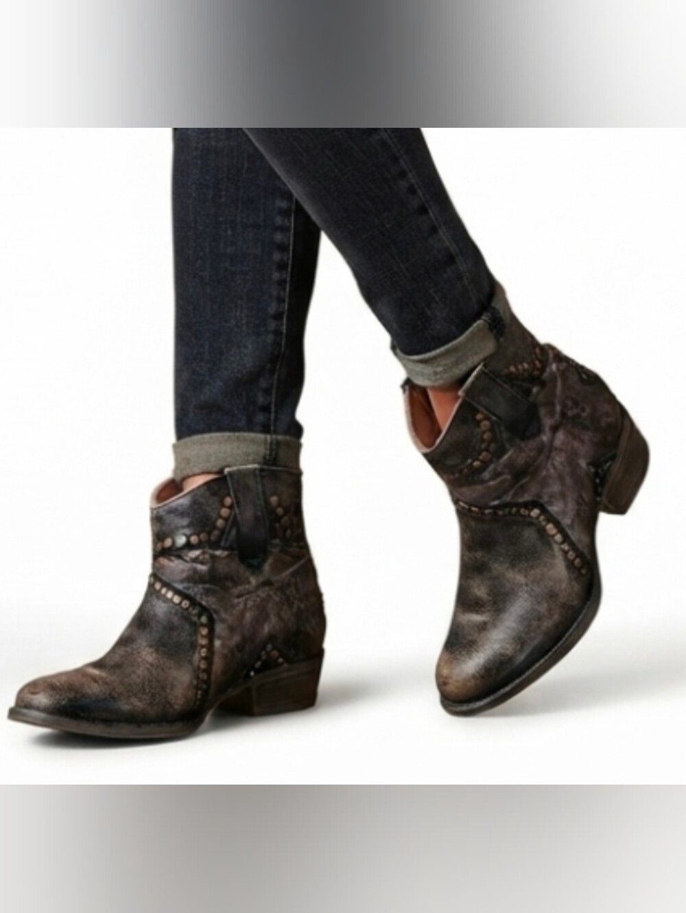 Circle G Distressed Brown Studded Ankle Booties - Picture 1 of 8